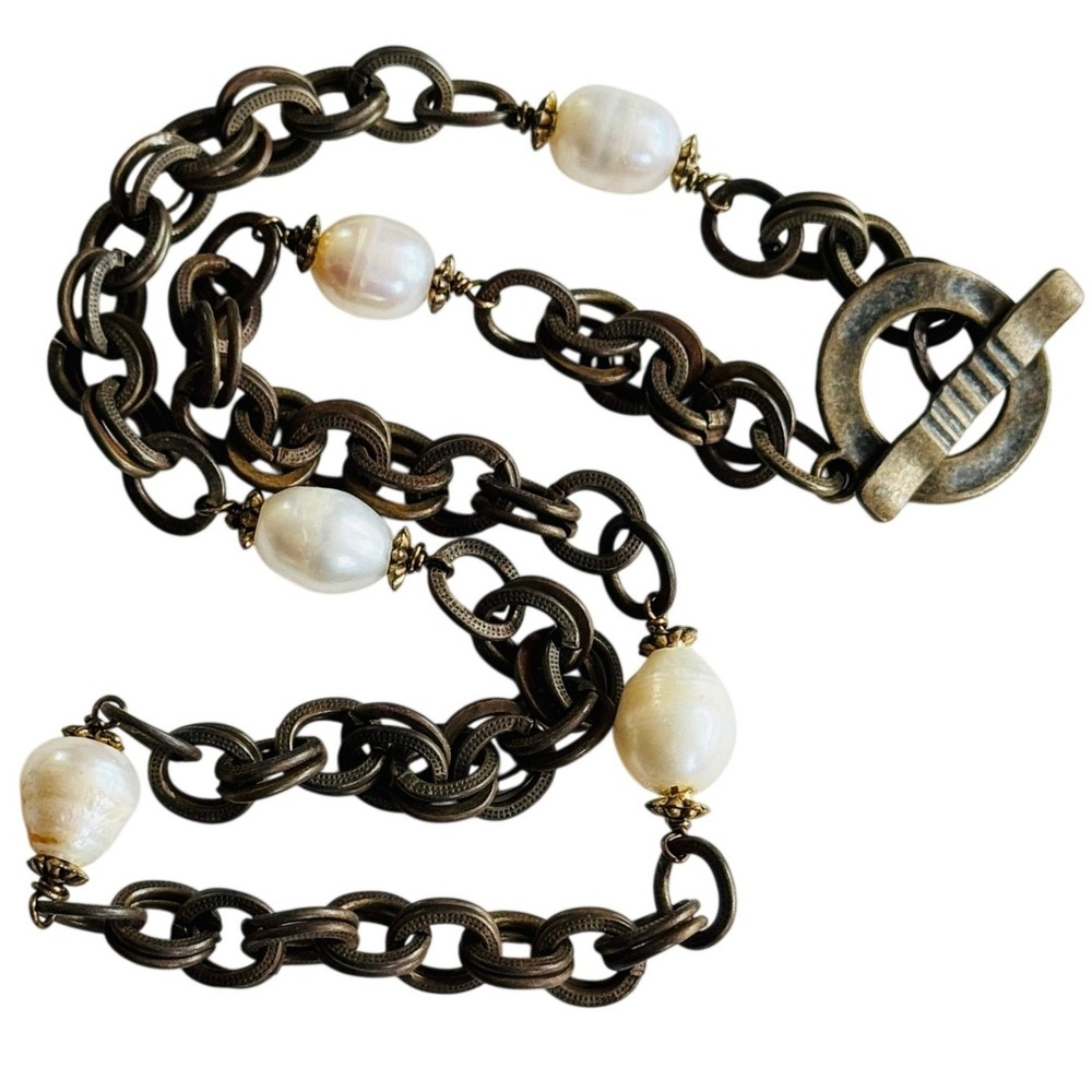 Modernist Baroque freshwater Pearl Necklace VTG BOHO toggle bronze Statement 18"